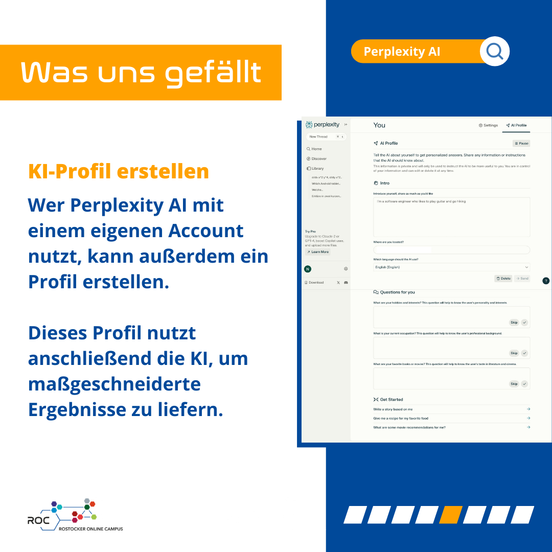 Was uns gefällt: KI-Profil erstellen. Wer Perplexity AI mit einem eigenen Account nutzt, kann außerdem ein Profil erstellen. Dieses Profil nutzt die KI, um maßgeschneiderte Ergebnisse zu liefern.