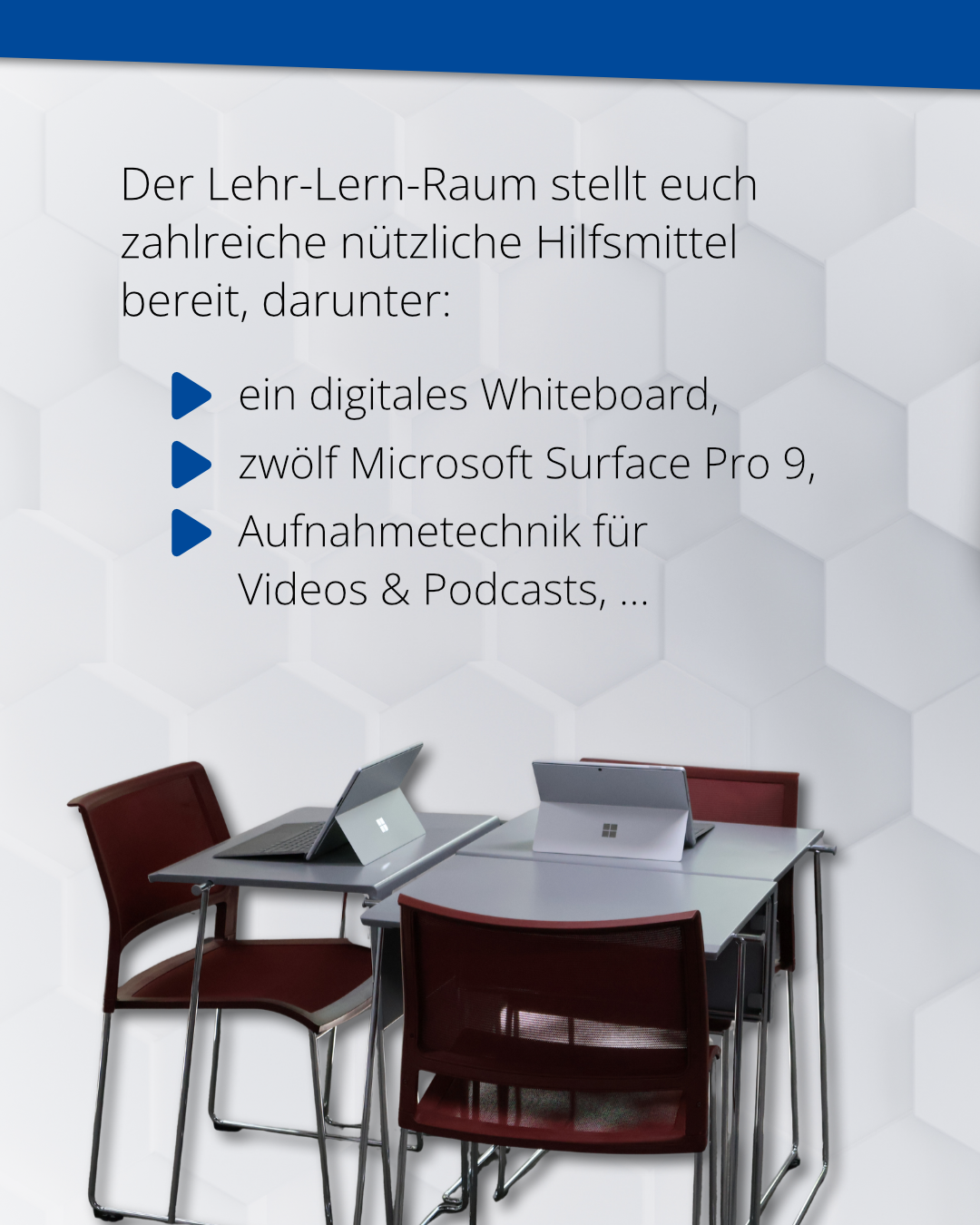 Der Lehr-Lern-Raum stellt euch zahlreiche nützliche Hilfsmittel bereit, darunter: ein digitales Whiteboard, zwölf Microsoft Surface Pro 9, Aufnahmetechnik für Videos & Podcasts