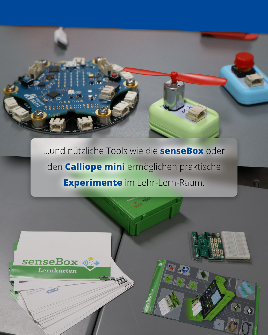 Zum Equipment gehören dazu noch die senseBox und der Calliope Mini, die praktische Experimente im Lehr-Lern-Raum ermöglichen.