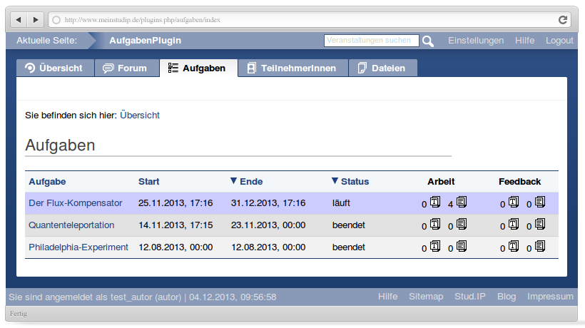 Oberfläche Stud.IP - Aufgaben